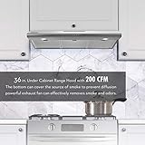 FIREGAS Under Cabinet Range Hood 36 inch with Ducted/Ductless Convertible, Slim Kitchen Stove Vent Hood, LED Light, 3 Speed Exhaust Fan, Reusable Aluminum Filter, Push Button,Charcoal Filter