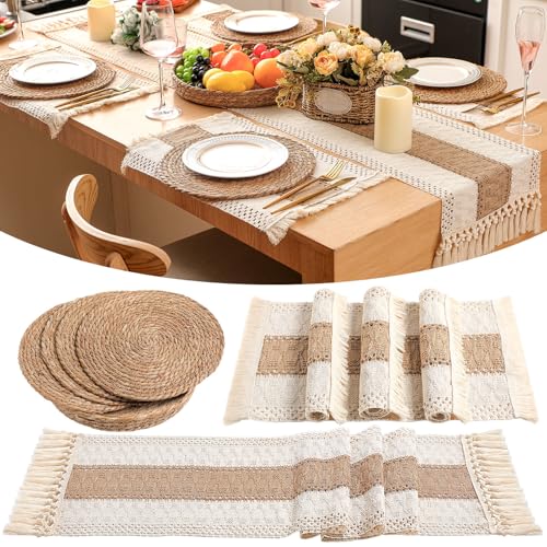 Gandeer Boho Placemats 4/6 Set of Round Woven Placemats Macrame Style Bicolor Stitching Long Table Runner Farmhouse Rustic Natural Burlap Cotton for Kitchen Dining Table Home(Brown,4 Sets)