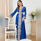 ODIZLI Muslim Dress for Women Dubai Abaya Dress Long Sleeve V Neck Embroidered Velvet Dress Kaftan Dubai Islamic Middle East Modest Dress Ramadan Eid Abayas Women Moroccan Party Dresses Royal Blue M