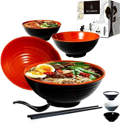 4 Ramen Bowls, 12 pieces Pho set. Red Black Ramen Bowl Set. Unbreakable Melamine. Asian Japanese soup. Spoons And Chopsticks kit. . XL 37 oz. Noodles, Rice, Udon, Thai, Chinese, Korean, Wonton, Miso