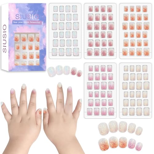 SIUSIO 120Pcs 5 Pack Press on Nails kids Children Acrylic Fake Nails Cute Pre-glue Full Cover Gradient Color Rainbow Short Stick On False Nail Art Kits Set for Kids Little Girls - Colorful Glitter