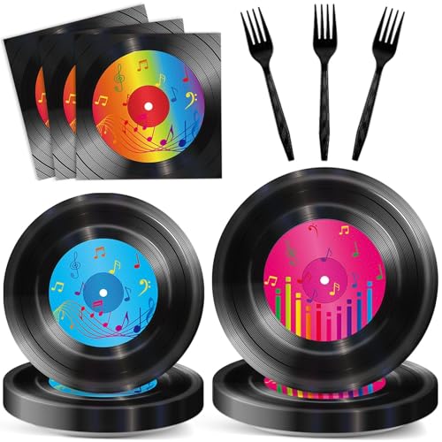 200 PCS Vinyl Record Tableware Disposable for 1950's Rock Music Party Supplies Back to 50s Rock Dinnerware Set Dessert Paper Plates Napkins Forks 50's Theme Rock Party Retro Decorations Serve 50 guest