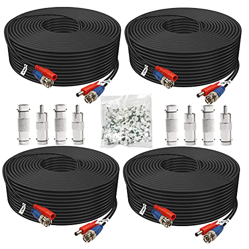 BNC Cable 100ft 4 Pack Aimyzii BNC Video Power Cable,Security Camera Cable for CCTV Camera DVR Security Systems(Included 8X BNC Adapters,100 Pcs Cable Clips)-Black