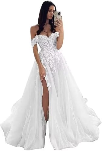 Vintage Off Shoulder Wedding Dresses for Bride 2025 Winter Tulle Lace Applique A-Line Elegant V-Neck Courthouse White Bridal Gown for Bride Size 16