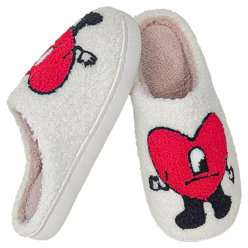 Bad Cute Shoes Bunny Slippers for Women Men, Mukinrch Fuzzy Cartoon Slippers Plush Warm Love Pattern Slippers Home Bedroom Slippers Indoor Outdoor Couple Shoes (Heart-Red, US Footwear Size System, Adult, Women, Numeric Range, Medium, 7.5, 8.5)