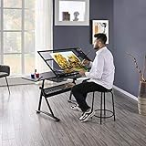 Yaheetech Drafting Table w/Stool Height Adjustable Multifunctional Art Craft Artists Desk Tilting Glass Tabletop Diamond Paintings Work Station w/2 Storage Drawers for Home Office