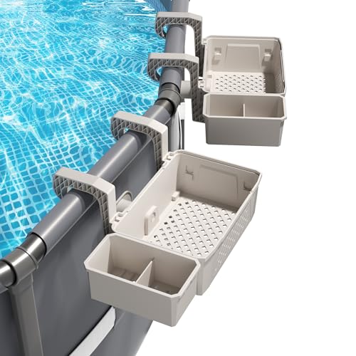 AquaJoyer 2 Sets of Poolside Storage Baskets with Cup Holders - Perfect for 3-Inch or Smaller Top Rails - Above Ground Pool Accessories - Fit for Most Above Ground Pool（Grey）