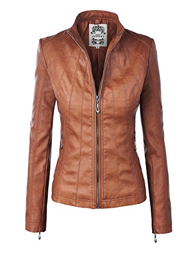 MBJ WJC877 Womens Panelled Faux Leather Moto Jacket S CAMEL