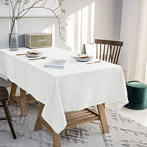 JSFLY Waterproof Cotton Linen Tablecloths Rectangle Dining Table Cloth, Wipe Clean Indoor & Outdoor Table Cover for Buffet Party, Holiday Dinners and Banquets, Wrinkle Resistant（54"x102"） White