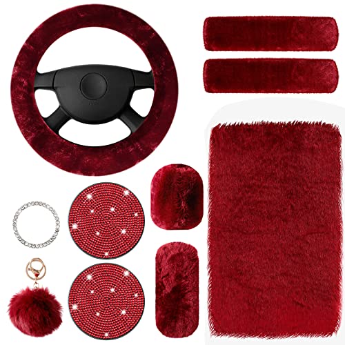 Frienda 10 Pcs Fluffy Car Steering Wheel Covers Handbrake and Gear Shift Cover Seat Belt Shoulder Pads Diamond Mat Ignition Ring Ball Key Chain Armrest Box Mat Car Accessories Set(Wine Red)