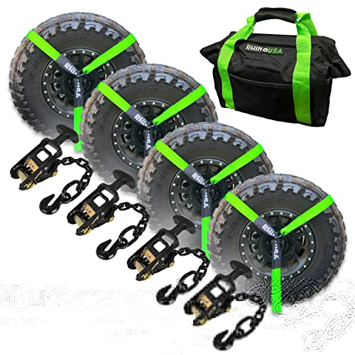 Rhino USA Car Tie Down Straps for Trailers with J Hooks (4-Pack) - 2 Inch x 8 Feet (10,000lb Break Strength) - Heavy Duty T-Handle Car Hauler Tire Straps for Trailer & UTV with Lasso Straps - Green