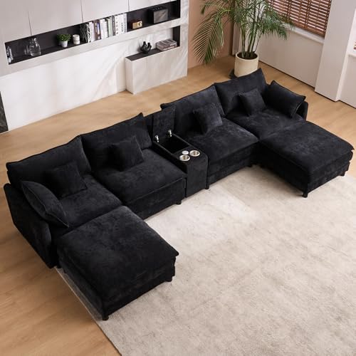 ONEMMLION 145" U Shaped Cloud Couch Sectional for Living Room, Oversized Modern Modular Sofa with Movable Ottoman, Comfy Fluffy Chenille 6 Seat Sofa Set with Central Console & USB Ports, Black