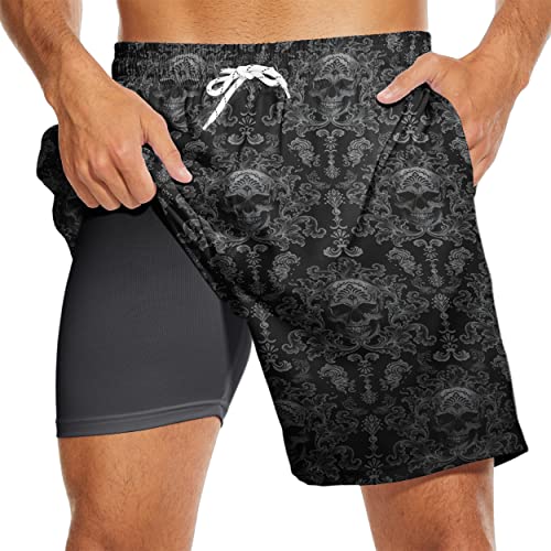 Gothic Skull Men's Swim Trunks with Compression Liner 7 Inch Swimming Skull Trunks Men Bathing Suits Board Shorts XL