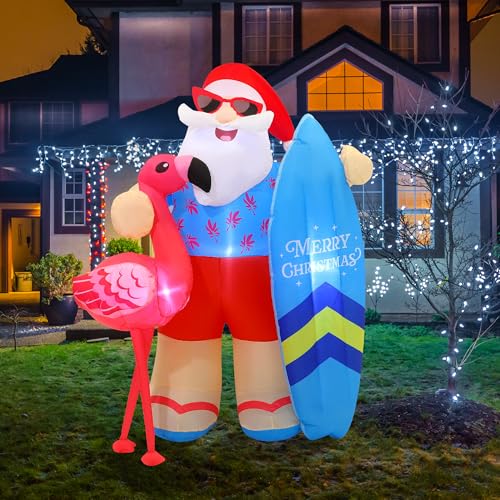 Vivantia Christmas in July Inflatable Summer Christmas Decorations 6.5 Ft Santa Claus Decoration Outdoor with Air Blower LED Lights Blow Up Garden Decor for Summer Christmas Beach Yard Party Supplies