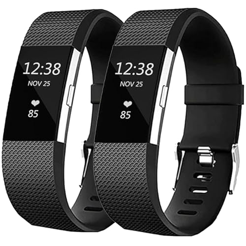 2 Pack Compatible with Fitbit Charge 2 Bands for Women Men, Soft Breathable Sports Adjustable Fitbit Charge 2 Replacement Bands for Women Men (Large 6.7"-8.1", Black/Black)