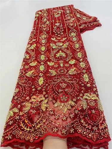 Red Nigerian Lace Fabrics Fashion Women African Tull Lace Luxury Handmade Bead Sequins Fabrics for Wedding
