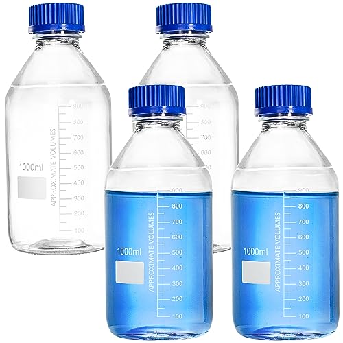 Yopay 4 Pack Glass Media Bottle 1000ml, Reusable Storage Bottles with GL45 Blue Screw Cap, Graduated Borosilicate Bottles Round Scientific Glass Container for Labs, Classrooms or Home Use