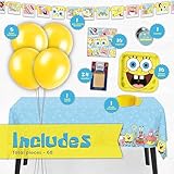 Spongebob Party Supplies Set | Serves 16 Guests | Spongebob Party Decorations With Table Cover, Banner Decoration, Spongebob Plates, Napkins, Balloons, Crepe Streamer, Candles and Button