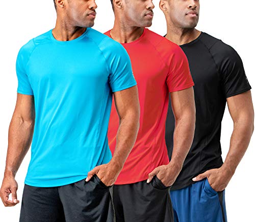 DEVOPS Men's 3-Pack Quick Dry Short Sleeve T-Shirt Sun Protection Running Athletic Workout Active Shirts (Large, Black/Red/Sky Blue)