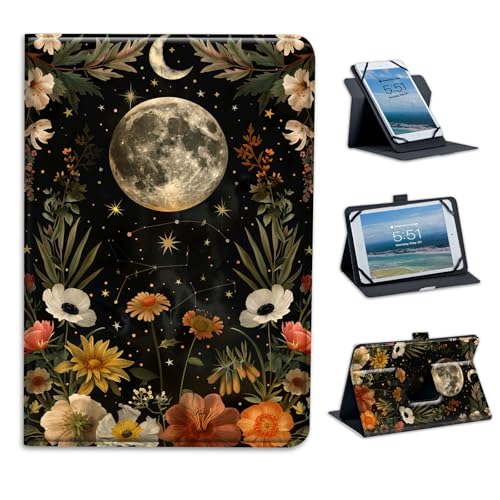 FXIANGWL for Universal 7-9 Inch Android Tablet Case, 360 Degree Rotating Multi-Angle Stand PU Leather Universal Case Cover for All 7-9 Inch Tablet, Flowers and Full Moon