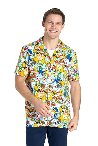 Opposuits Men's Bowser™ Hawaii Shirt - Short Sleeve Nintendo™ Outfit & Party Shirt - Beach Style Button-Up Shirt - Multicolor