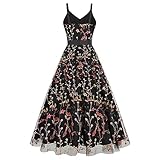 Floral Embroidered Dress for Women Long Flower Embroidery Dress Tulle Prom Dress Embroidery Mesh Floral Print Dress Vintage Spaghetti Straps Formal Evening Party Homecoming Wedding Guest Dress Black L