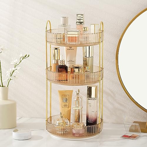 Aveniee 360 Rotating Makeup Organizer for Vanity, Skincare Perfume Organizers Large, Clear Bathroom Counter Organizer for Cosmetics Lipsticks, Spinning Bathroom Organizer Shelf Holder(3 Tiers, Gold)