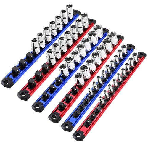 WORKPRO Magnetic Socket Organizer - 6-Piece Aluminum Alloy Socket Rail, Heavy Duty Socket Holder - Set: 1/4-Inch x 12 Clips, 3/8-Inch x 10 Clips, 1/2-Inch x 10 Clips