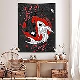 Japanese Yin Yang Koi Fish Tapestry, Cool Red and Black Anime Sakura Art Tapestries Vertical Wall Hanging for Men Bedroom Living Room Office Decor 40X60", Asian Cherry Blossoms Poster Blanket