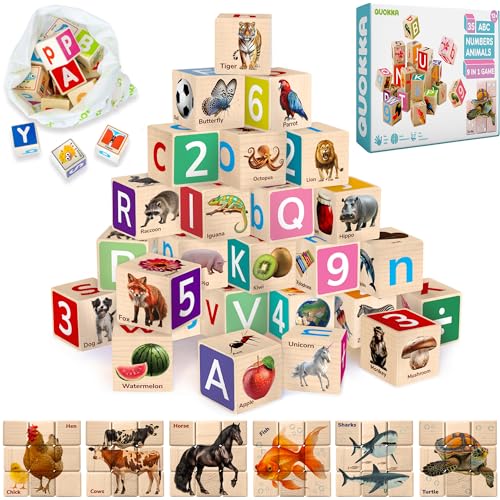 QUOKKA Montessori Wooden Blocks for Toddlers 1-3 - 35 Realistic ABC Learning Baby Blocks for Kids 3-5 Year Olds - Stacking Alphabet Wood Toys for 2-4 yo - Learn Letters Numbers