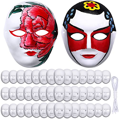 Aoriher 50 Pieces DIY Full Face Masks White Craft Plain Paper Mache Mask Blank Paintable Art Masks for Women Masquerade Halloween
