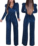 Sparkly Jumpsuits for Women Sexy Long Sleeve Cocktail Elegant Mock Neck Bodycon Straight Long Pants Rompers With Pockets