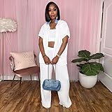 Dezraia 2 Piece Sets for Women Wide Leg Pants Sets Button Down Shirt White Linen Pant Suit Small