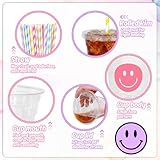 Whaline 60Pcs Smile Face Disposable Plastic Cups with Lids and Straws 12oz Pastel Preppy Smile Pattern Cold Beverage Drinking Cup for First Birthday Baby Shower Wedding