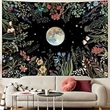 Amhokhui Moonlit Garden Tapestry Moon Tapestry Flower Tapestry Colorful Plants Tapestry Black Tapestry Floral Tapestry Wall Hanging Decor for Room