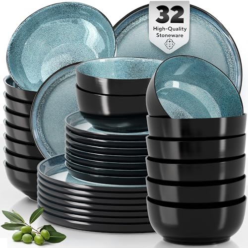 32 Piece Dinnerware Sets for 8 - Modern Style Stoneware Dinnerware Set - Scratch Resistant, Dishwasher Safe Plates and Bowls Sets Ceramic, Dish Set, Bowl and Plate Set - Black and Petrol Blue…