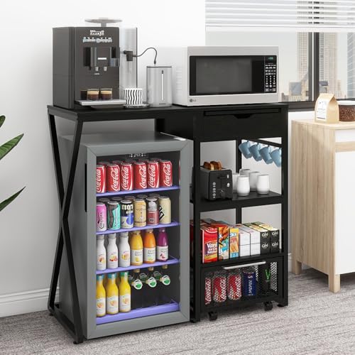 PUNCIA Coffee Bar Cabinet with Mini Fridge Space Beverage Wine Fridge Stand with Temporary Work Platform Refrigerator Storage Organizer with Power Outlet Microwave Oven Stand Rack for Home Office Dorm