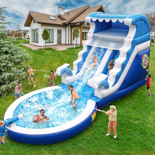 HXDOGSP Inflatable Water Slide Commercial Grade: 24FT(L) Water Bounce House for Adults and Kids - Big Pool, Premium PVC, Dolphin Style, Wet & Dry, 950W Blower - for Backyard Outdoor Birthday Party