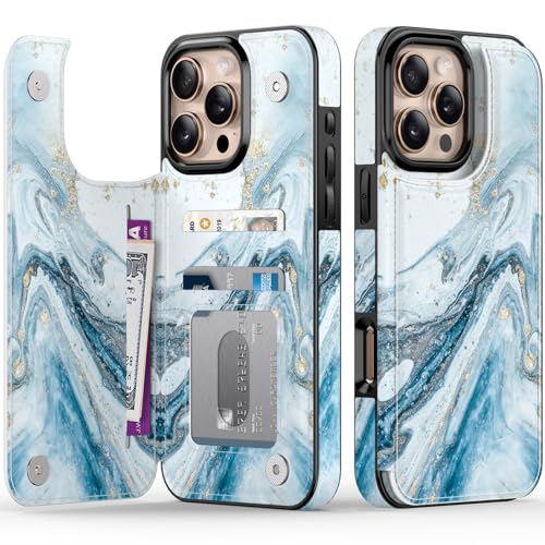 LETO for iPhone 16 Pro Wallet Case - Flip Folio Leather Kickstand - Fashionable Flower Designs - Credit Card Holder - Protective Phone Cover for Women and Girls - 6.3" - Opal Blue Marble