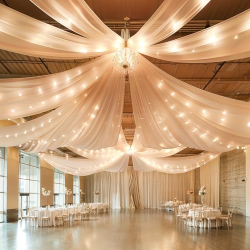 6 Panels Champagne Ceiling Drapes with Lights String for Wedding Ceiling Drapes 5ftx10ft Wedding Draping Fabric Sheer Ceiling Curtains Drapery Wedding Decorations for Home Party Ceremony Stage Swag