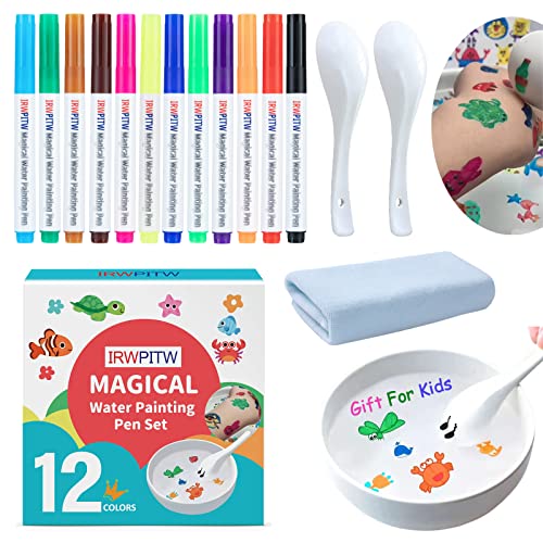 IRWPITW Magic Drawing Pen Bundle, 12 Colors Magical Water Painting Pens for Kids, Kiddies Create Magic Pen Floating Ink Drawings Set with Spoons and Towel, Tattoo Water Marker Gifts for Boys and Girls