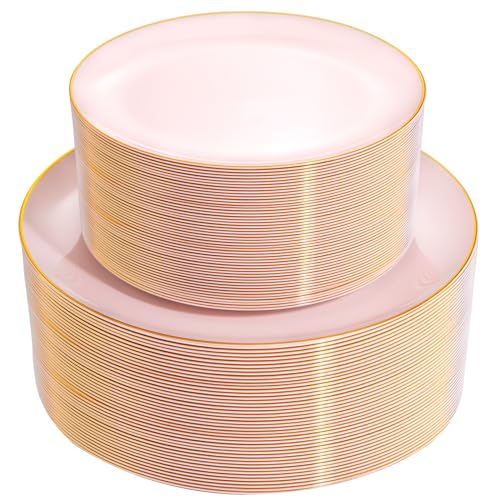 PULOTE 100PCS Pink Plastic Plates - Heavy Duty Pink and Gold Disposable Plates for Party, Wedding & Mother’s Day, Include 50 Dinner Plates and 50 Dessert Plates