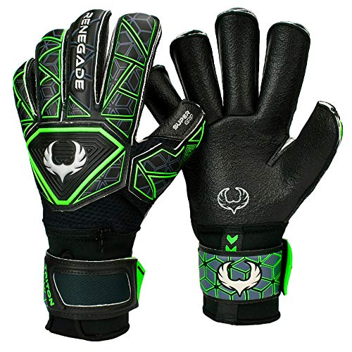 Renegade GK Triton Raider Goalie Gloves with Pro-Tek Fingersaves | 3.5+3mm Super Grip & 4mm Duratek | Black & Green Goalkeeping Gloves (Size 9, Youth-Adult, Roll Cut, Level 2)