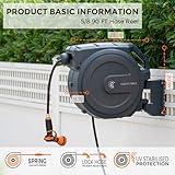 Giraffe Tools AW40 Retractable Hose Reel 5/8" x 90 ft Wall Mounted Garden Hose Reel Heavy Duty, Automatic Rewind, 180 Deg Swivel, Any Length Lock, 9 Pattern Nozzle, 90 ft, Dark Grey