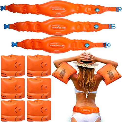 6 Pack Arm Floaties for Adults Swimming Belt Floats Portable Inflatable Floatation Swimming Waist Float Belt with Safety Buckle for Kids Adult Women Pool Swimming Back Floating