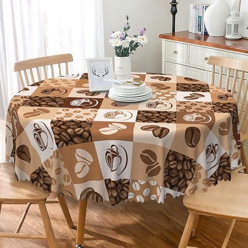 DORCEV Coffee Beans Round Tablecloths Coffee Cup Cartoon Sketch Retro Brown Plaid Printed Tablecloth Waterproof Spill Proof Fabric Table Cloth Cover for Coffee Shop Dining Room Kitchen Decor,60 Inch