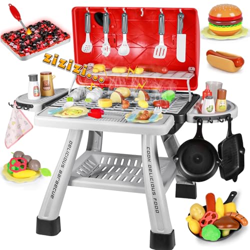 2025 Kids Play Kitchen Toy Grill BBQ Kitchen Playset Outdoor Toy with Smoke Light Outside Pretend Play Food Toys Cooking Set 2-Layer Barbecue Gifts for Toddler Boys Girls 3-5 6 7 8