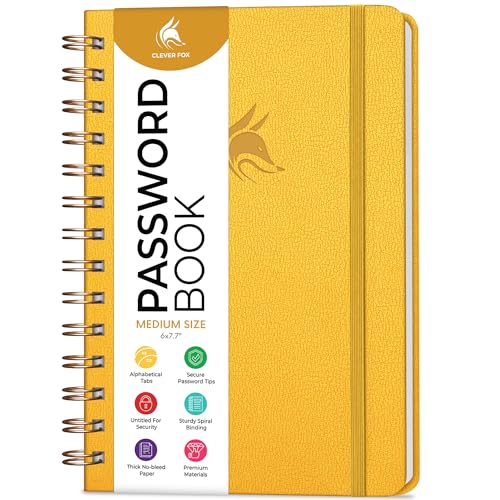 Clever Fox Password Book Spiral – Internet Address & Password Organizer with Laminated Alphabetical Tabs – Password Keeper Journal – Hardcover, Medium Size, 6.1x7.7” (Amber Yellow)