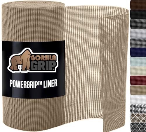 GORILLA GRIP powerGRIP Drawer Shelf and Cabinet Liner, Thick Strong Hold, Non-Adhesive Liners Protect Kitchen Cabinets and Cupboard, Bathroom Drawers, Easy Install, Breathable Mat, 12" x20', Beige