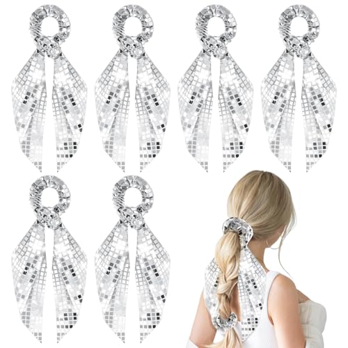 Disco Ball Sequin Hair Scrunchies - 6 Pack Christmas Disco Party Favors Decor Glitter Silver Hair Accessories Metallic Hair Bands with Bow for Women Retro 70s 80s 90s Bachelorette Bridal Shower